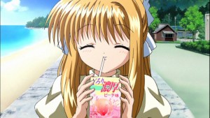 Every lead Key Heroine always seem to have their favorite food... like Taiyuki in Kanon and Anpan in Clannad...  and now "Extra Thick Peach Juice" in Air.