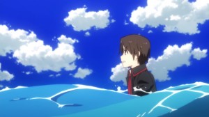 Riki walks through the ocean to save Mio from disappearing for good.