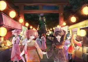 Konachan.com - 110146 akemi_homura boots bow charlotte festival food headband kaname_madoka kyuubee miki_sayaka ribbons sakura_kyouko spirtie thighhighs tomoe_mami yukata