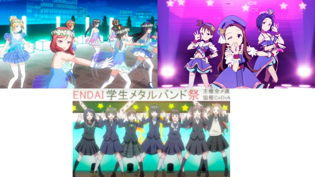 Comparison of the use of CGI and 2D for the musical performances (Left: Love Live S2 Ep3, Right: Idolmaster Ep6, Bottom: Wake Up Girls Movie)