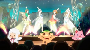 The elemental fairies and mascots celebrate the park's new evening hours.