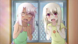 It seems that Illya and Kuro were embarrassed when Shirou walked in while they were kissing.