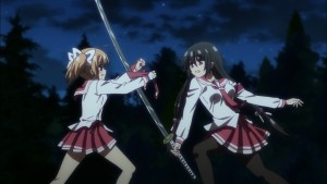 While Akari used a tie instead, she managed to stop Shino's attack.