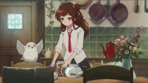 A cozy anime-style kitchen scene featuring a girl making tea or coffee, with an owl perched on a chair and vibrant flowers in a vase on the table.