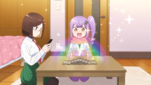 A girl with short brown hair and glasses, dressed in a school uniform, sits calmly on the floor looking at her phone, while a purple-haired girl with a ponytail and scarf beams excitedly across from her at a stack of money on the table, surrounded by sparkles and a rainbow glow.