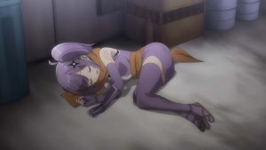 A young anime girl with lavender hair and a ninja outfit lies unconscious on the floor of a dimly lit alley, her body bruised and dirtied from apparent battle or hardship.