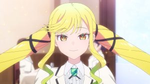 A confident, cheerful anime girl with bright yellow hair tied in elaborate twin tails adorned with black ribbons, sparkling in a well-lit indoor setting.